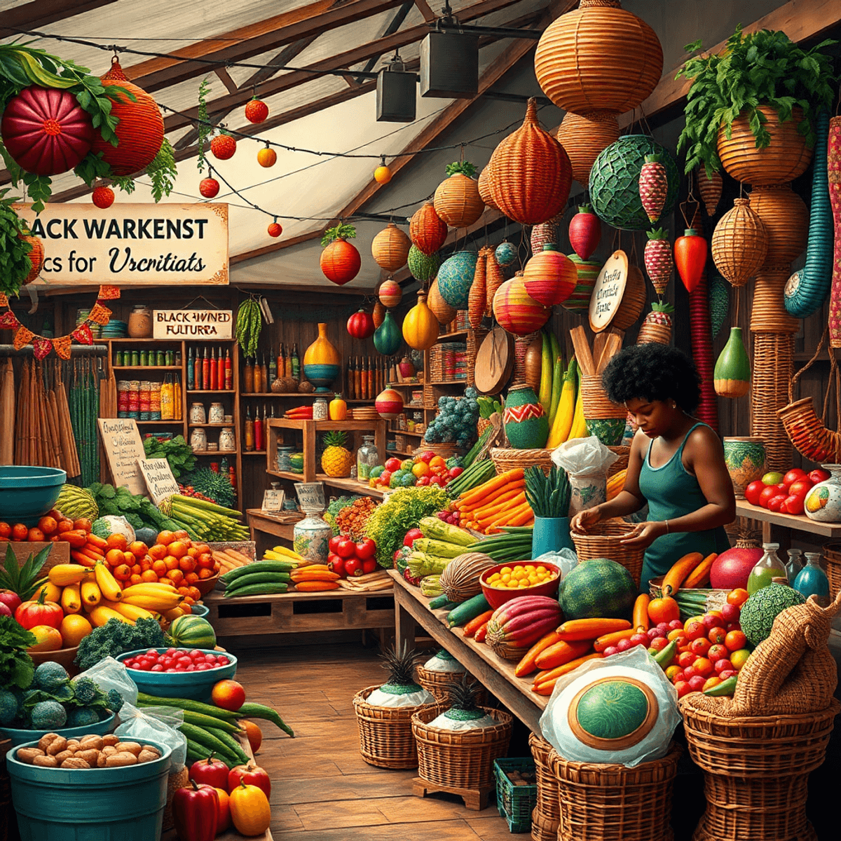 A lively marketplace bustling with fresh produce and handmade goods, featuring colorful items and decorative elements celebrating community and cultur