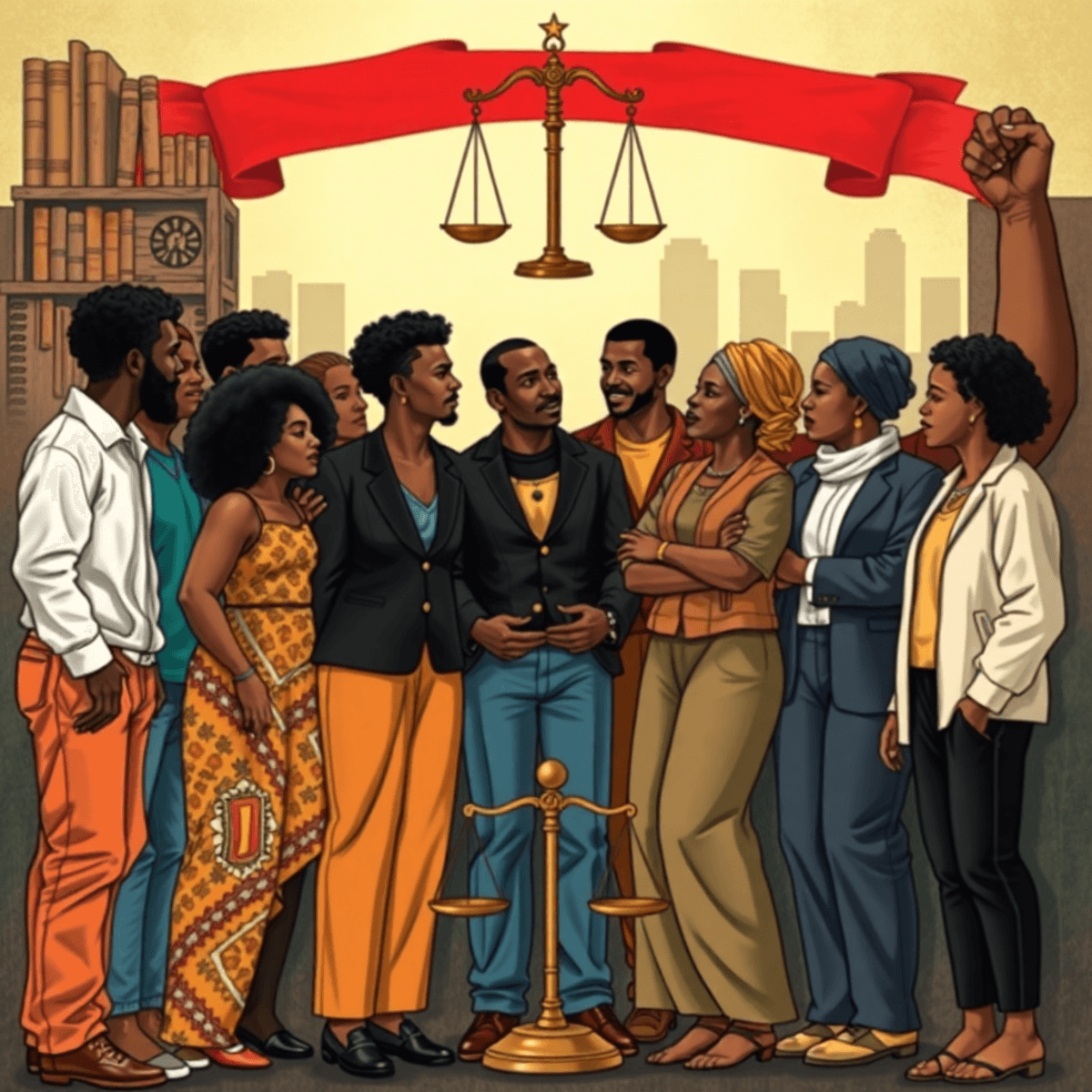 A diverse group of individuals standing together, engaged in conversation, surrounded by symbols of justice like scales and raised fists, with a backd