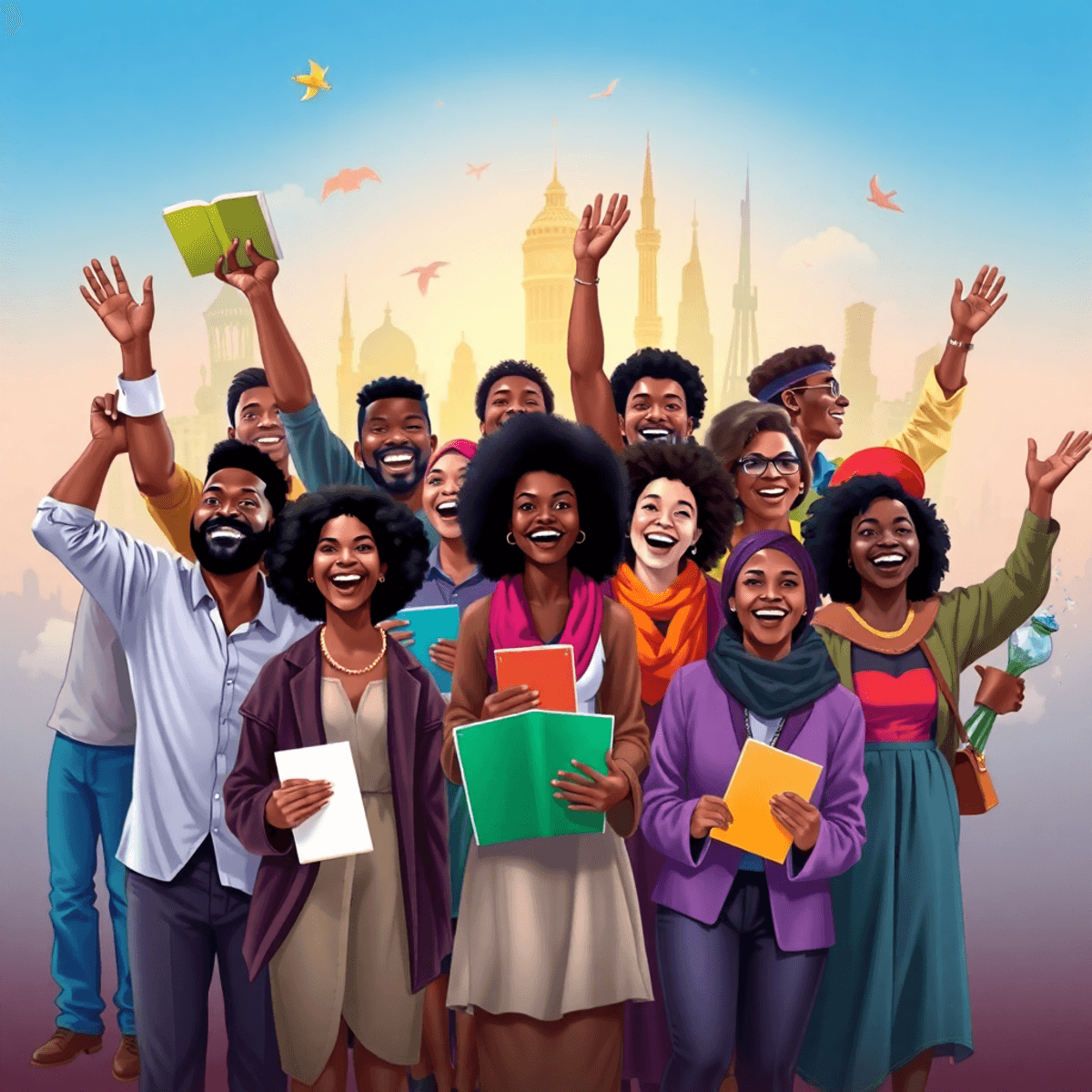 A joyful group of individuals celebrating achievements with awards, books, and art supplies, set against a backdrop of iconic landmarks symbolizing un