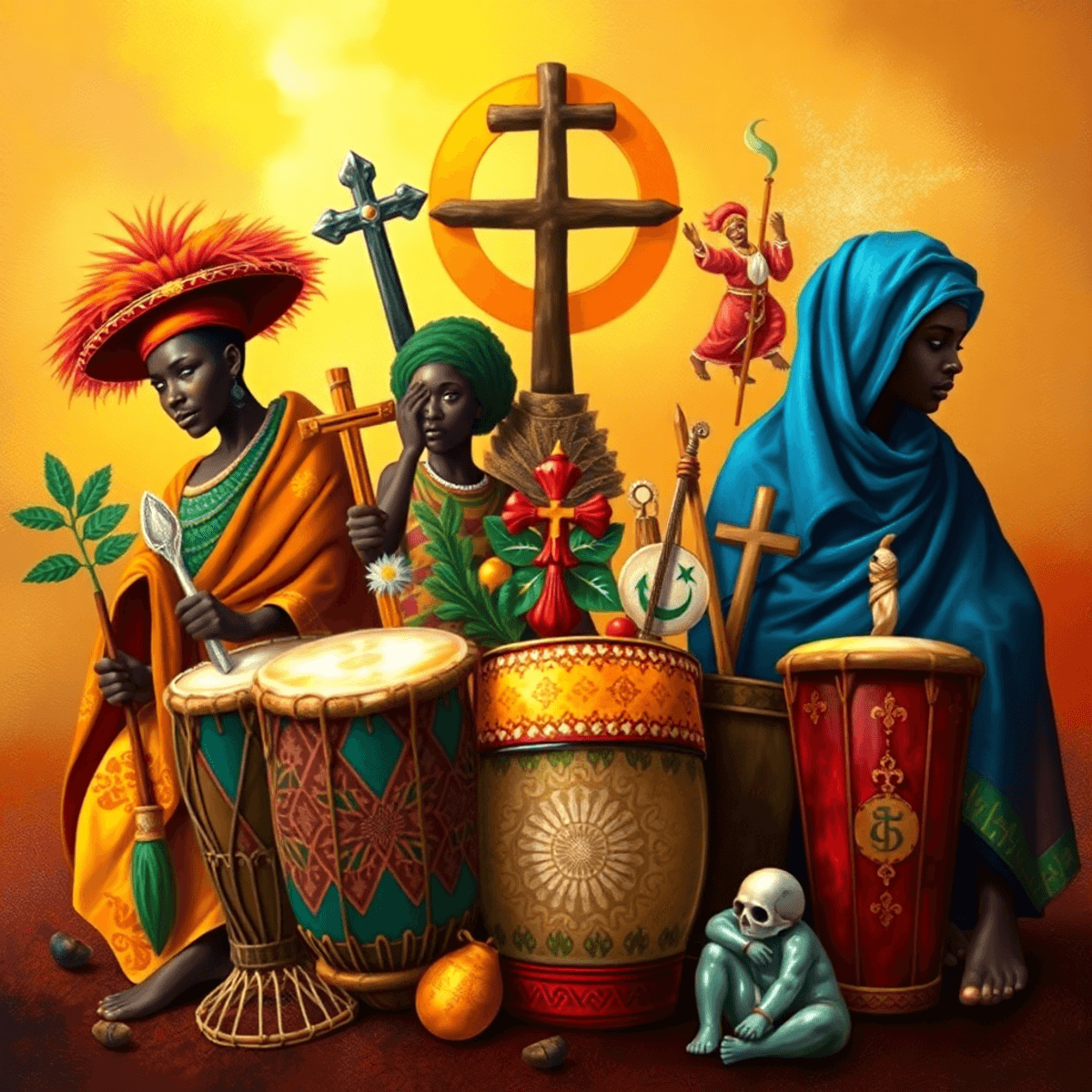 A vibrant tapestry showcasing traditional African drums, colorful fabrics, and symbols of various religions, with a warm background reflecting communi