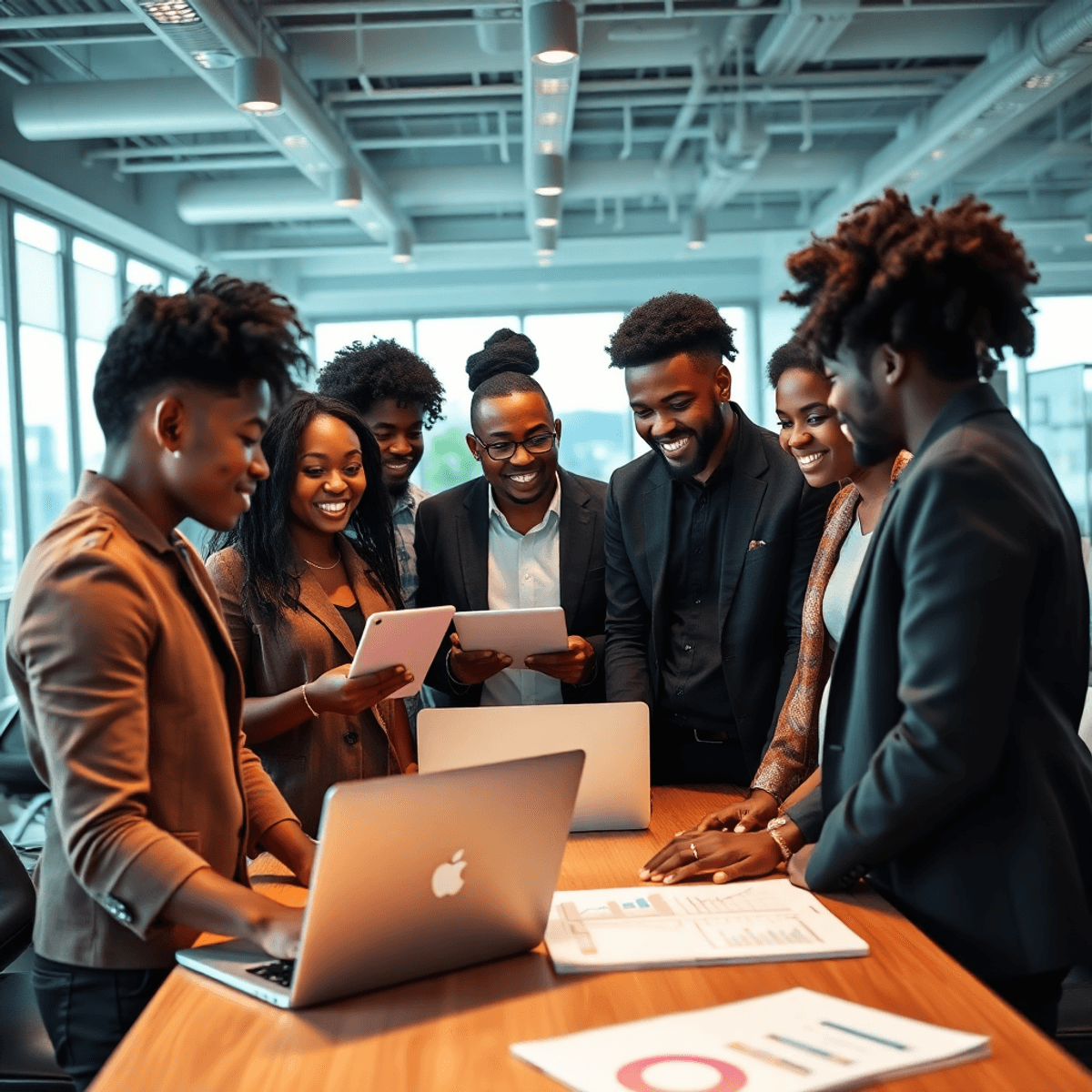A diverse group of entrepreneurs collaborating in a bright office, discussing strategies with laptops and charts, showcasing a positive and energetic