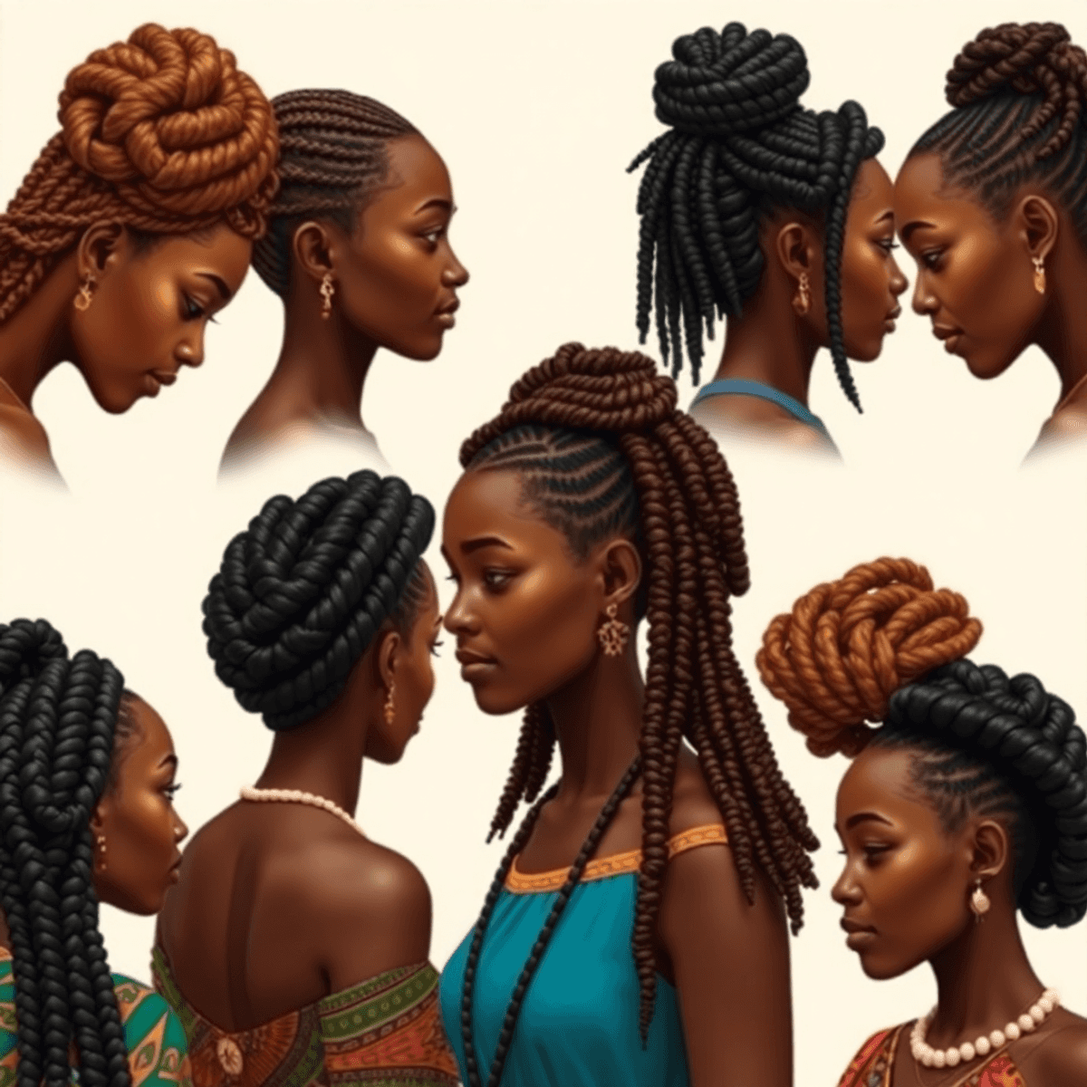 An artistic display of traditional African hairstyles, featuring intricate braids, twists, and natural styles, surrounded by colorful fabrics and jewe