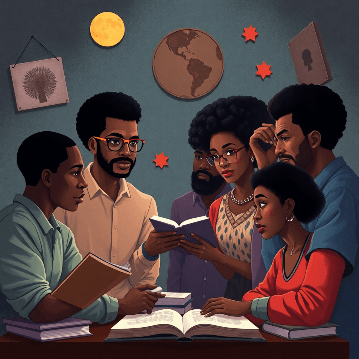 A diverse group of individuals engaged in a philosophical discussion, surrounded by books and symbols of knowledge, set in an enlightening atmosphere.