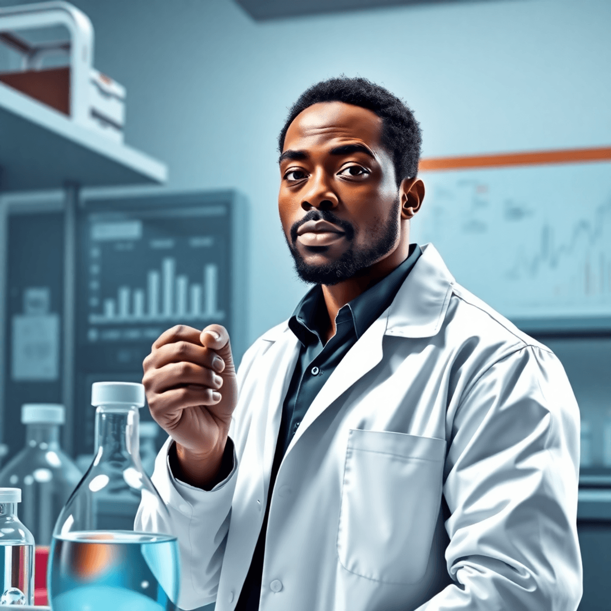 A scientist in a lab coat conducts an experiment in a laboratory filled with scientific equipment and charts, showcasing determination and innovation.