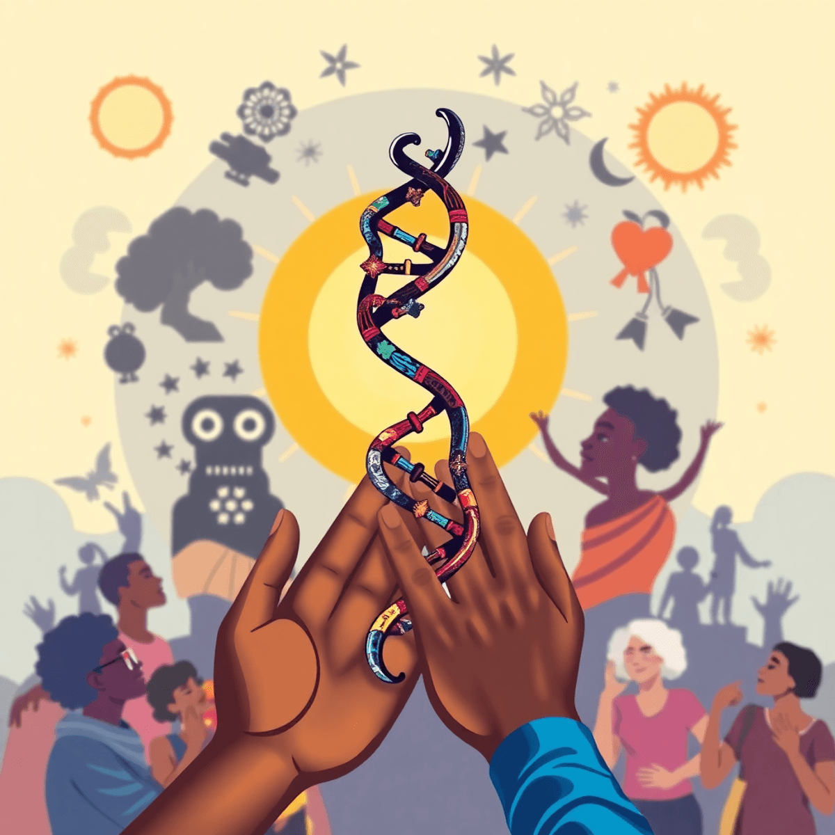 A colorful image of a DNA helix intertwined with spiritual symbols, surrounded by joined hands and people engaging in supportive activities, symbolizi